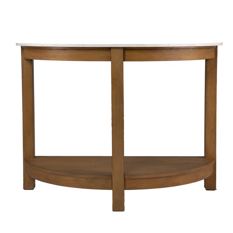 White Faux Marble Half Circle Console Table with Shelf and Wood Base - 41.75” L x 20” W x 30.25” H