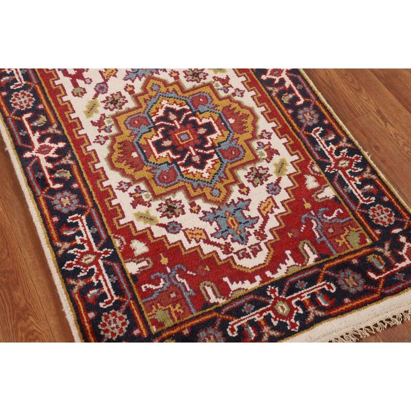 Ivory Geometric Heriz Serapi Oriental Runner Rug Handmade Wool Carpet - 2'7"x 10'10"