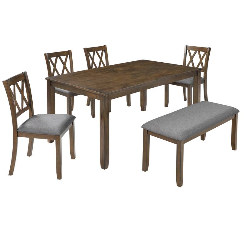Farmhouse 6 Piece Wooden Kitchen Table Set with 4 X Backrest Upholstered Chairs & Bench, Table and Chairs w/Non-Slip Feetmats