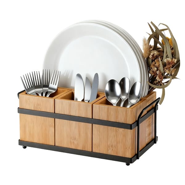 Bamboo Utensil Holder with 4 Compartments & Metal Tray, Wooden Silverware Caddy for Party Picnic Camping. - Beige