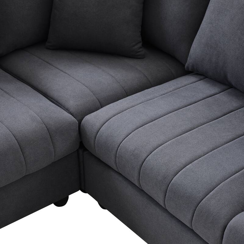 89x79" L-Shaped 5-Seat Sectional Sofa with Ottoman, Vertical Stripes, Dark Gray Polyester for Living Room