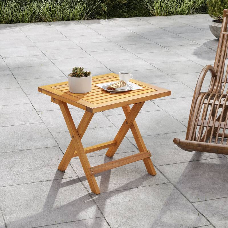 16” Portable Natural Acacia Wood Folding Side Table with Slatted Tabletop Ideal for Indoor or Outdoor