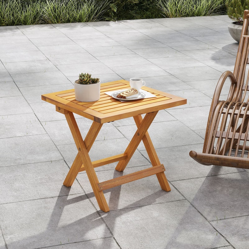 Gymax 2 PCS Outdoor Folding Side Table Acacia Wood End Table Square