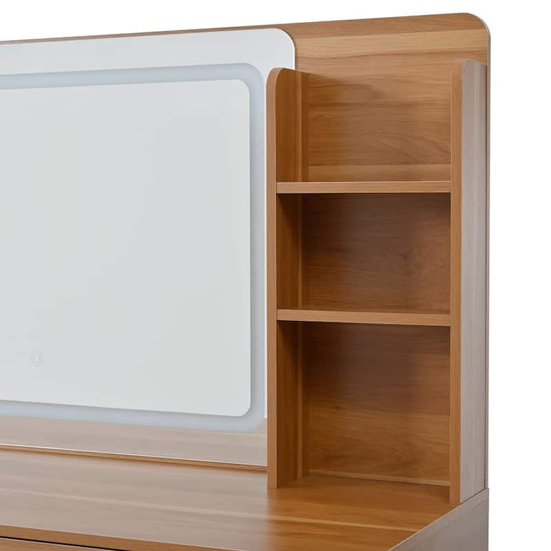 Retro Rattan Makeup Vanity Desk with 5 Drawers and Storage Shelf, Dressing Table with Rectangular Mirror and Touch Light