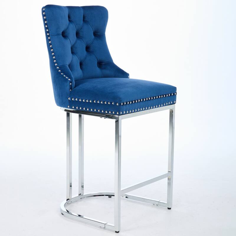 Set of 2 Modern Velvet Counter Bar Stools, 25" with Button Back & Rivet Trim, Chromed Metal Base - Blue