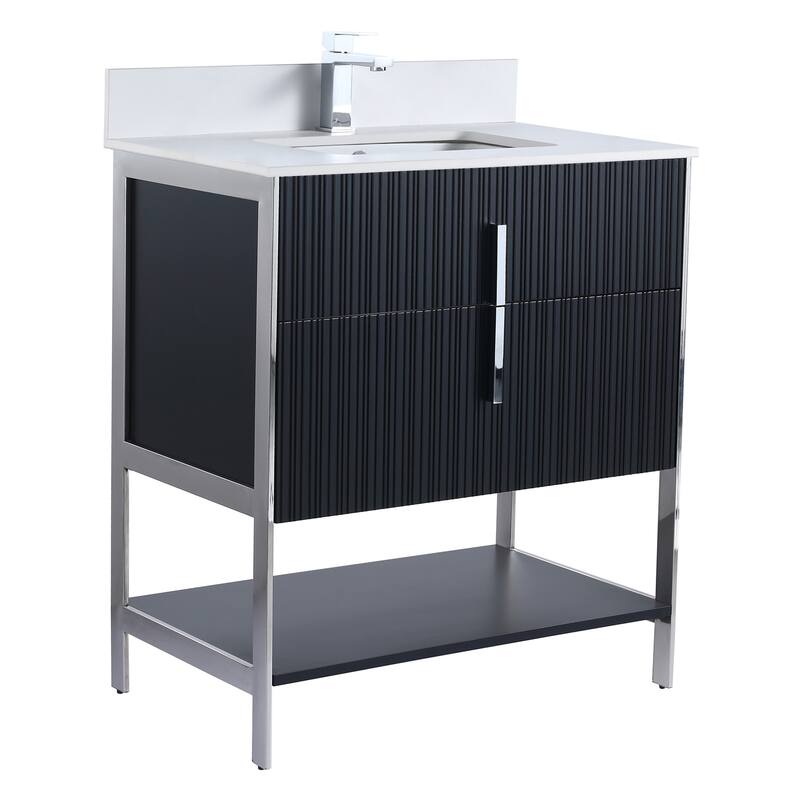 Fine Fixtures Serenity Modern Bathroom Vanity with White Stone Top - Black Matte - Chrome Hardware - 30 inch