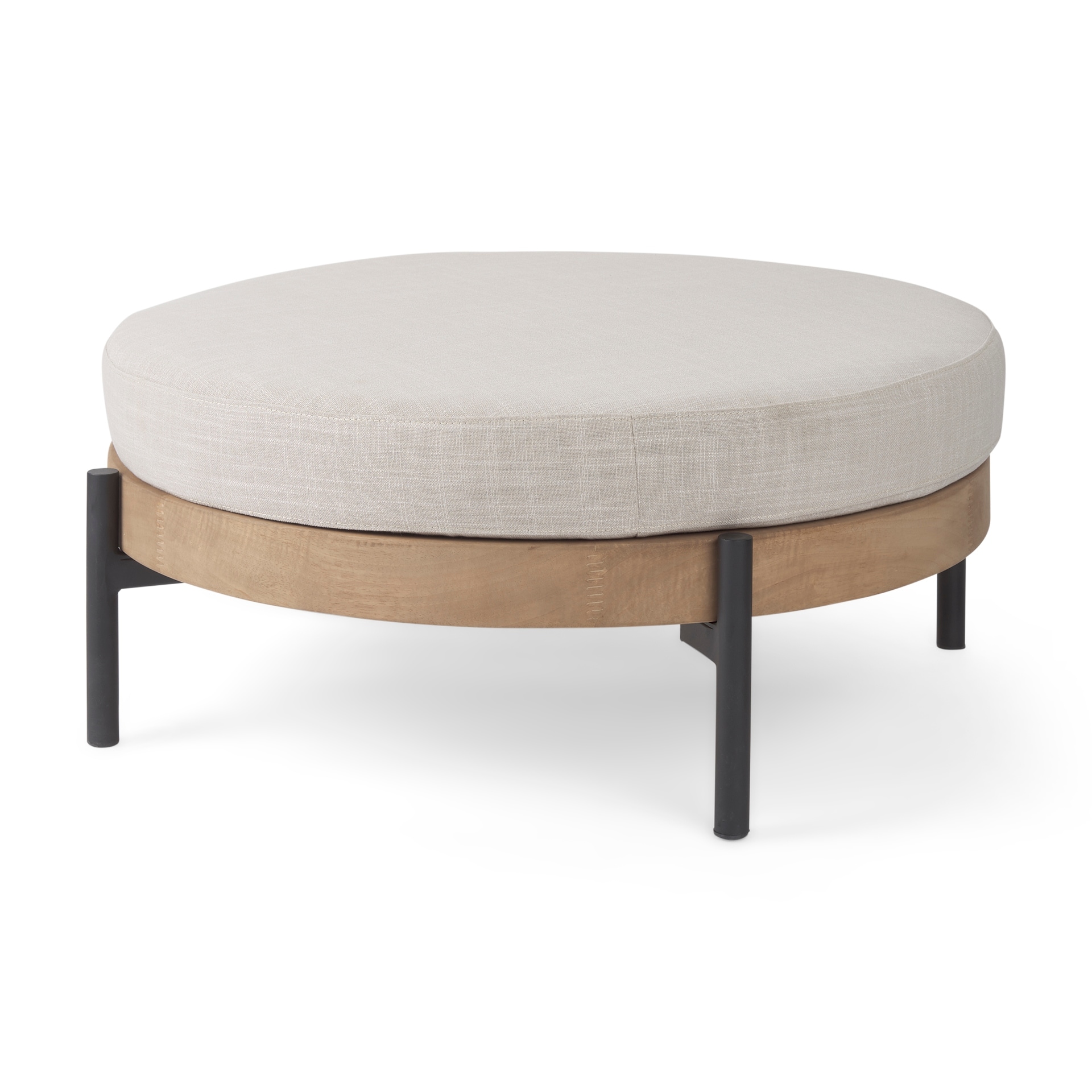 Colburne Cream Fabric with Light Brown Solid Wood Trim and Black Metal Legs Round Ottoman