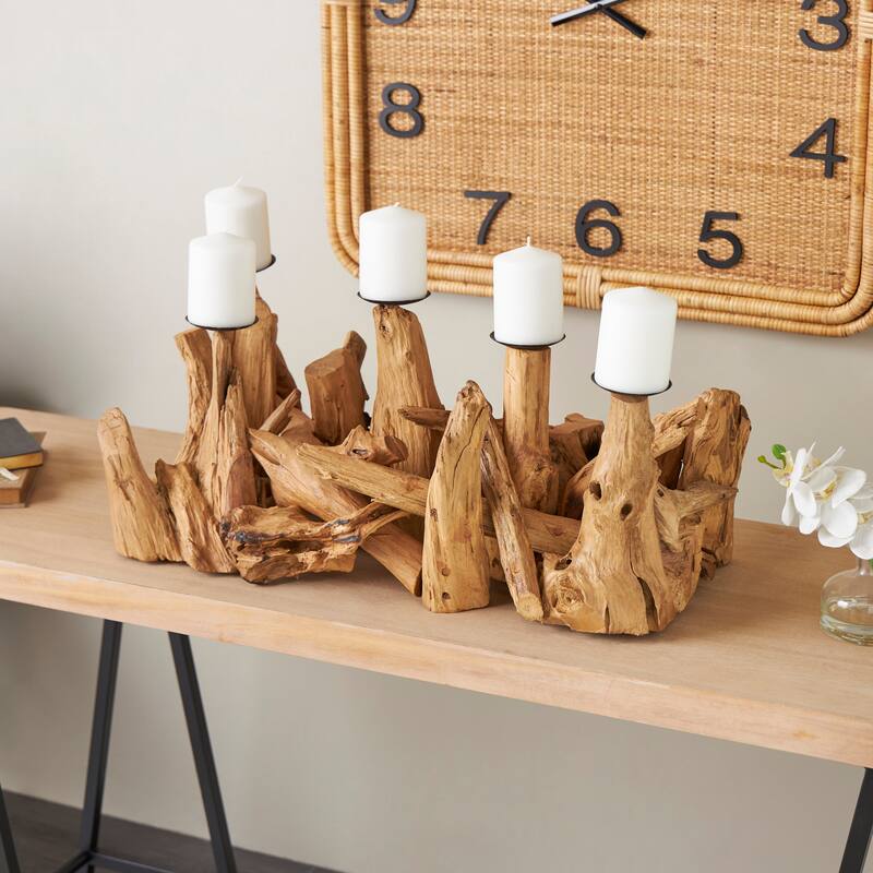 Brown Teak Wood Handmade Live Edge Candelabra - Brown