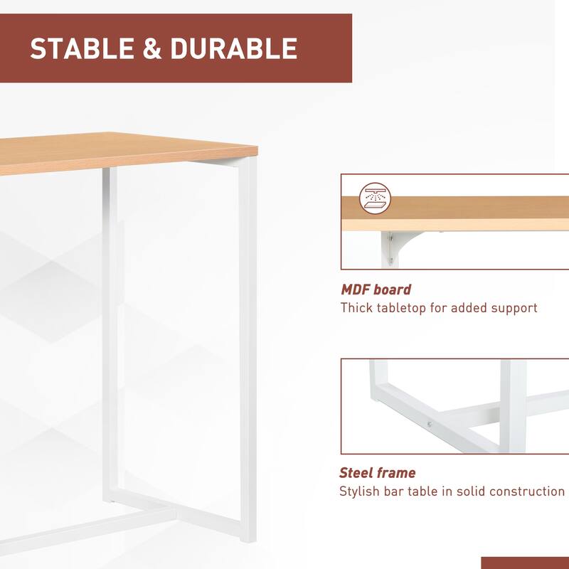 HOMCOM Bar Table with 3-Tier Storage Shelf, Pub Desk, Metal Frame, and Thick Tabletop for Kitchen, White