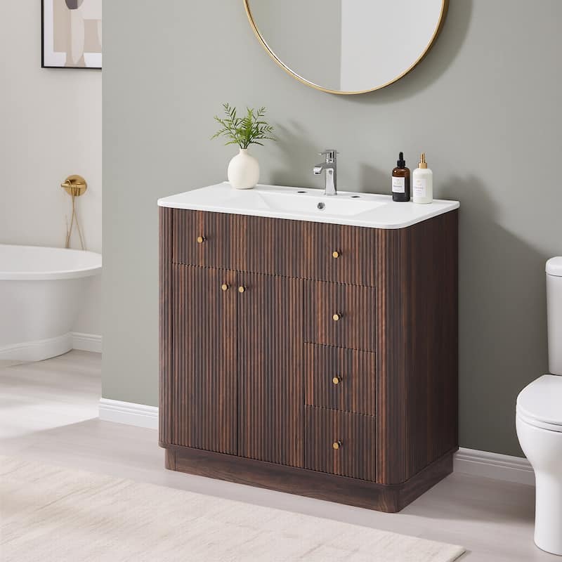 36" Modern Fluted Bathroom Vanity with Sink, Washstand for Kitchen - Walnut