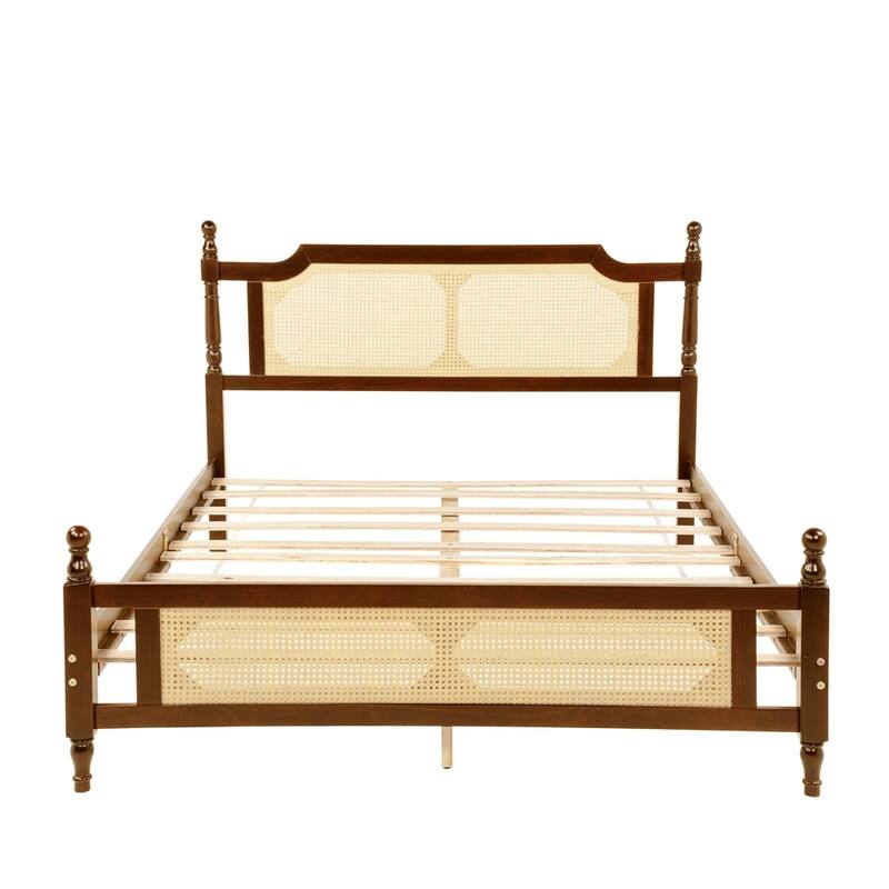 Queen Pine wooden Bed with Rattan Headboard and Footboard