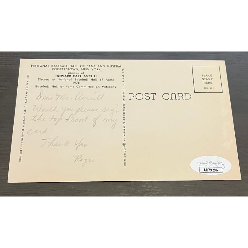 Howard Earl Averill "Rock" Autographed Hall of Fame HOF Signed Baseball Postcard JSA COA - 8'6" x 11'6"