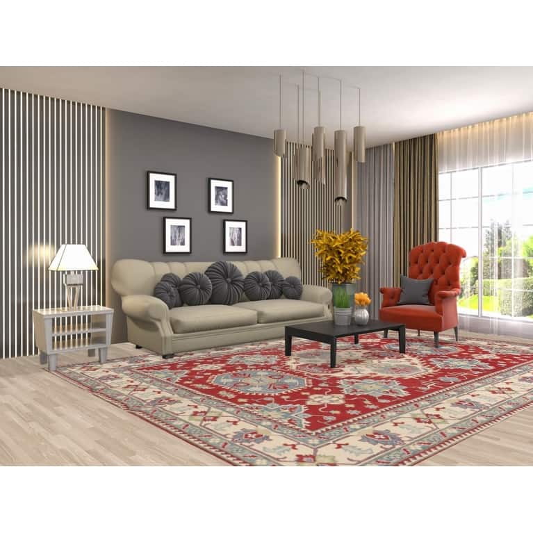 Geometric Red Kazak Rug Hand-Knotted Living Room Wool Carpet - 8'4"x 11'8"
