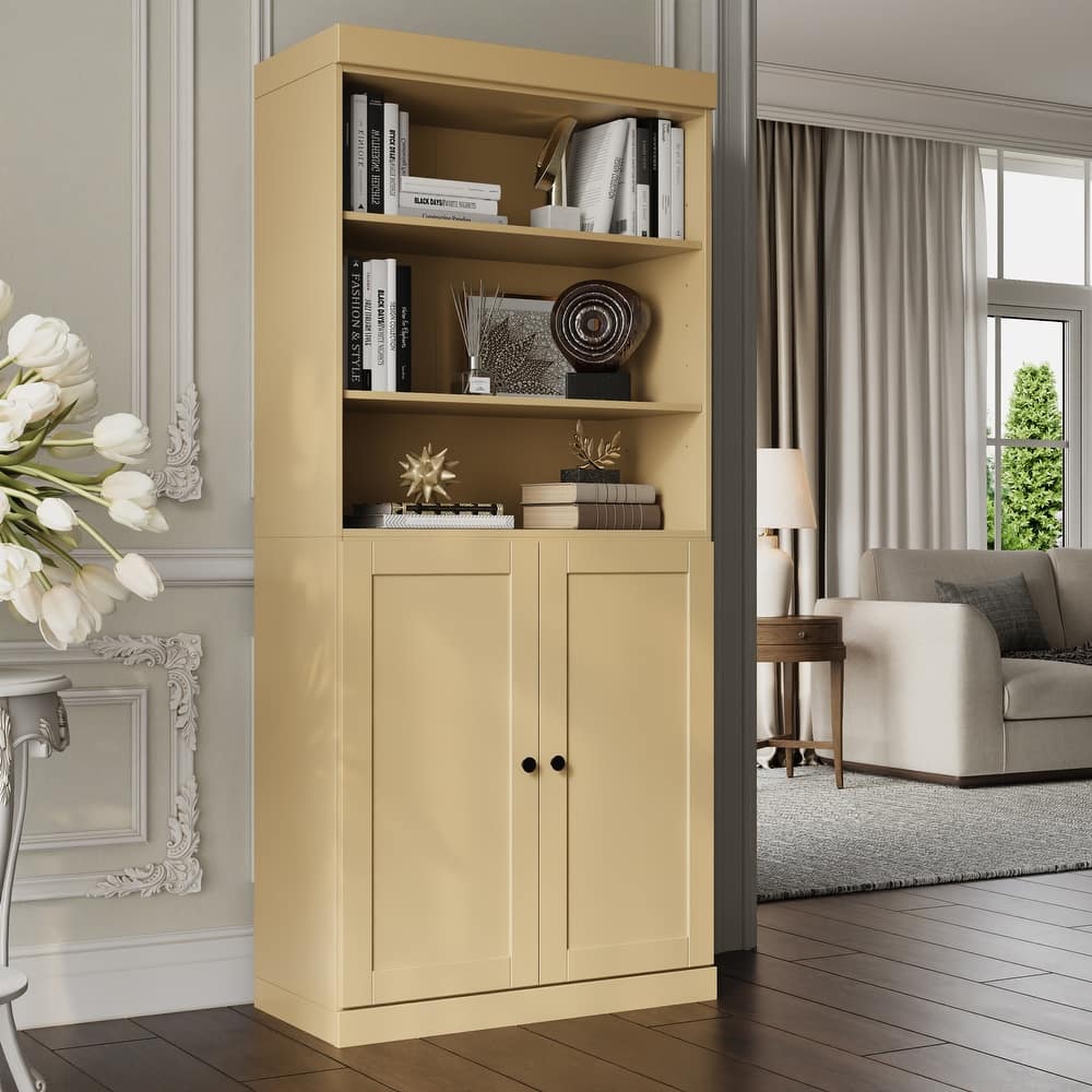 100% Solid Wood Tall Bookcase Cabinet with Doors & Adjustable Shelves, 32" W x 71.5" H, Palace Imports