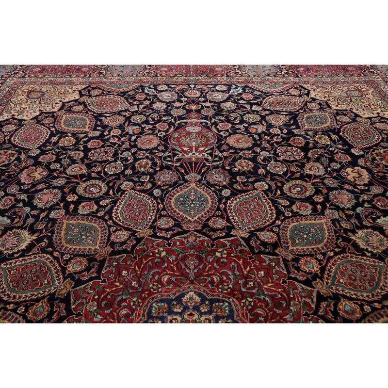 Hand Knotted Oriental 100% Wool Carpet Traditional Floral Navy Blue & Blues Mashad Area Rug - 15' 5'' X 11' 1''