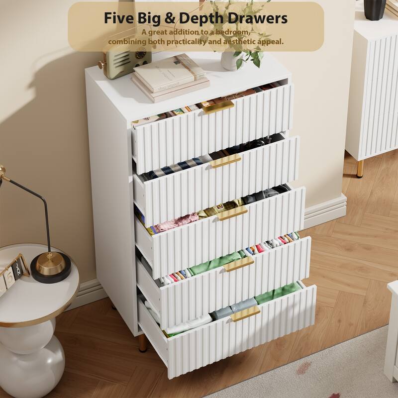 Fluted 5 Drawer Storage Dresser, Tall Modern Chest with Ample Deep Drawers and Wide Top