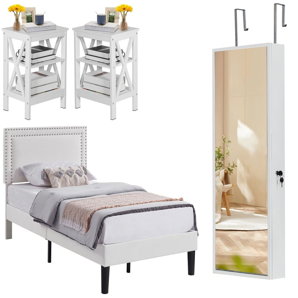 Javlergo 4 Piece White Bedroom Set Upholstered Bed with Adjustable Headboard 2 X Frame Nightstands Lockable LED Jewelry Cabinet