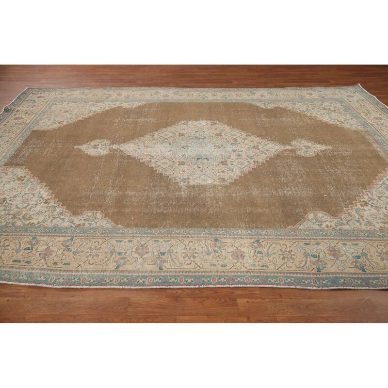 Hand Knotted Oriental 100% Wool Carpet Traditional Medallion Brown Tabriz Area Rug - 10' 11'' X 7' 9''