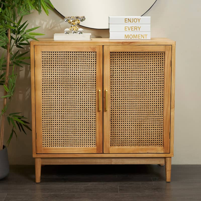 Wood 2 Door Cabinet with Beige Rattan Doors and Gold Handles - Light Brown or or Black - Roche River Decor