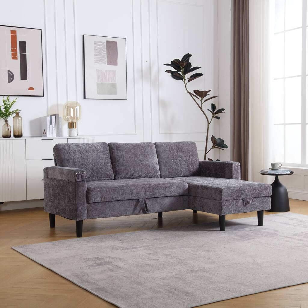Grey 73.62" L-Shaped 3-Seater Sleeper Sofa with Storage