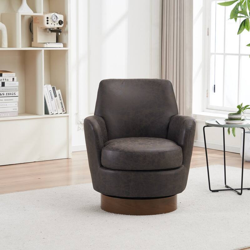 Comfy PU leather Swivel Barrel Chair with Gold Stainless Steel Base - Brown