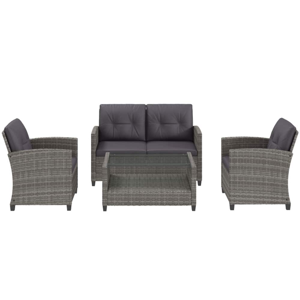 4-Piece Grey Wicker Patio Furniture Set with Charcoal Cushions and Two-Tier Coffee Table - 48.75" W x 26.75" D x 30" H