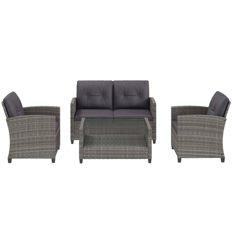 4-Piece Grey Wicker Patio Furniture Set with Charcoal Cushions and Two-Tier Coffee Table - 48.75" W x 26.75" D x 30" H