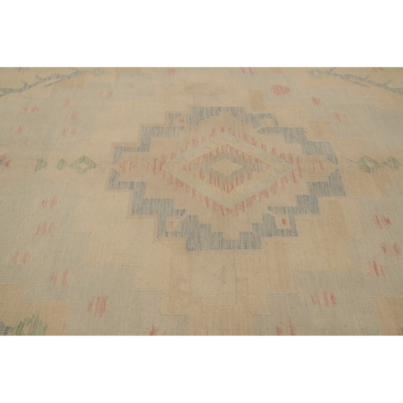 Hand Woven Oriental 100% Wool Carpet Southwestern Tribal Beige & Ivories Kilim Area Rug - 11' 10'' X 8' 9''