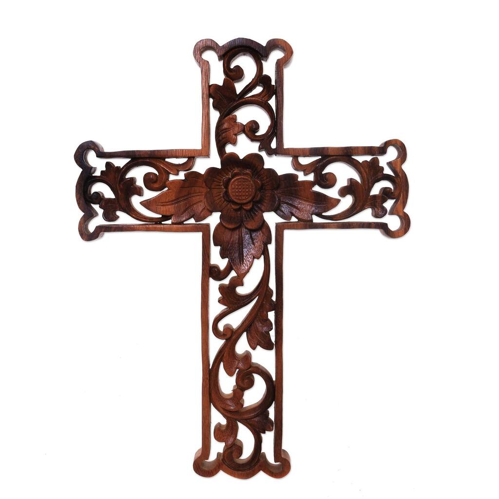 Wood wall cross, 'Lotus Cross'
