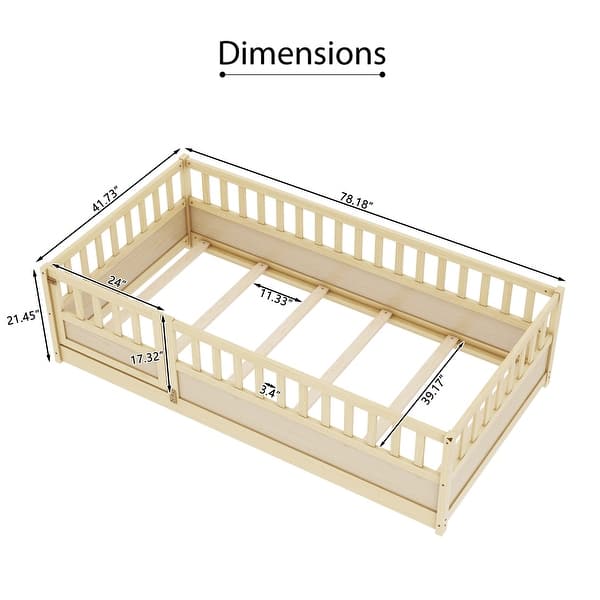 dimension image slide 2 of 5, Pine Wood Floor Bed with Full-length Guardrail and Door for Kids, Adults