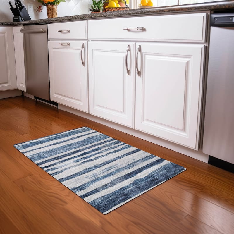 Machine Washable Indoor/ Outdoor Moroccan Stripe Chantille Rug - Denim - 1'8" x 2'6"