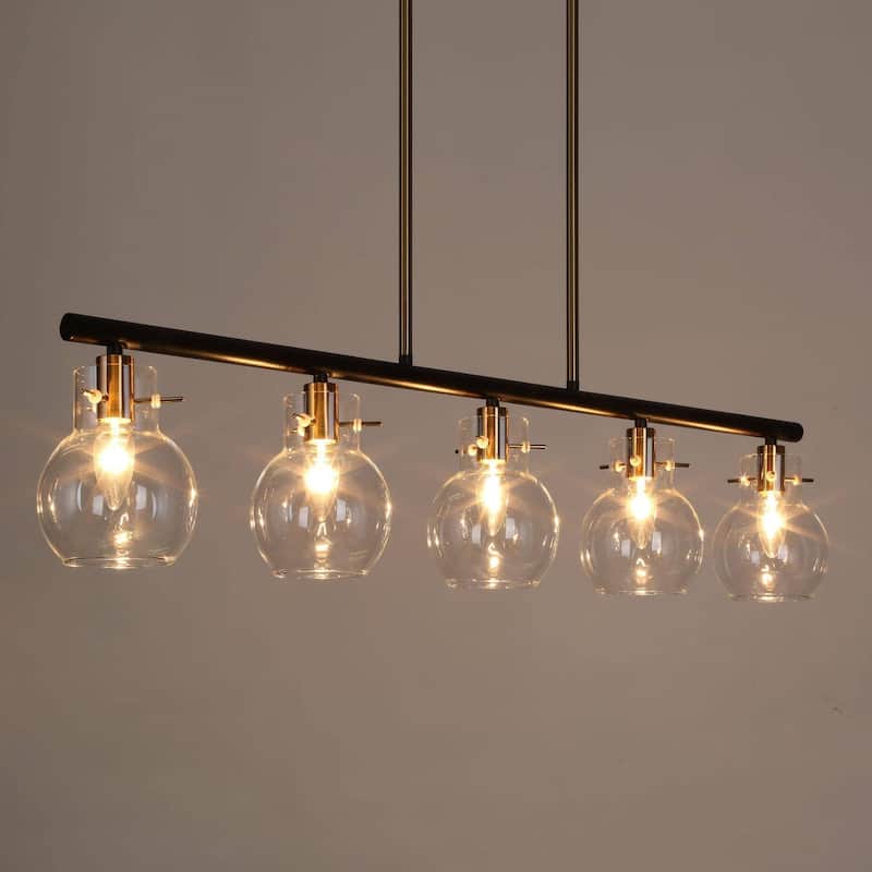 Modern Industrial 5-Light Black Gold Linear Chandelier Clear Glass Kitchen Island Lights for Dining Room