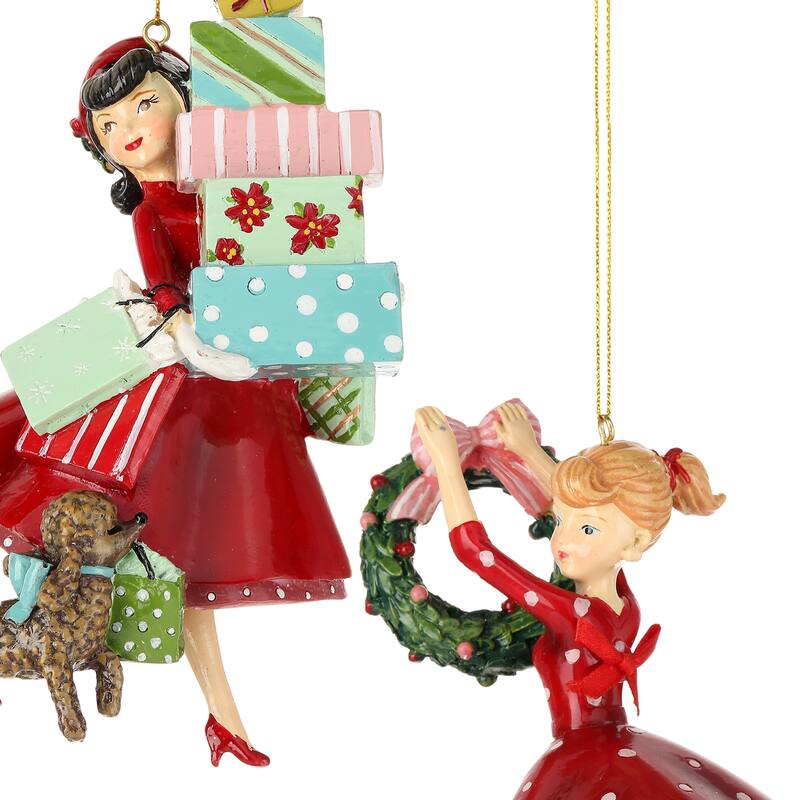 6.5-7" Retro Lady Decorating Ornament Set of 2