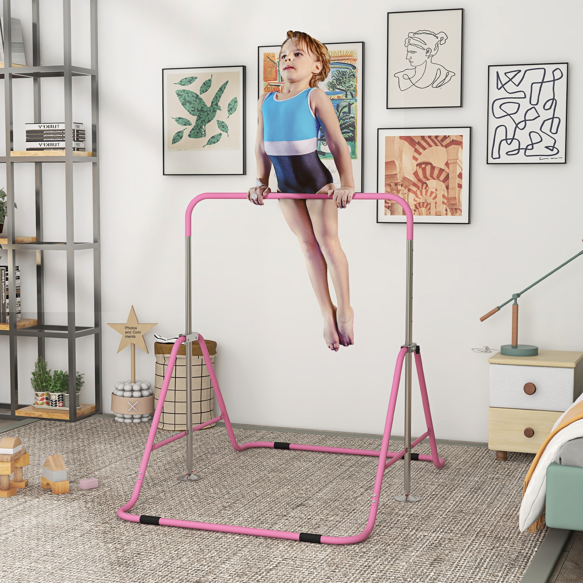 Qaba Folding Gymnastics Bar for Kids, Adjustable Kip Bar with Shock Absorption, Home Training Horizontal Bar, Pink