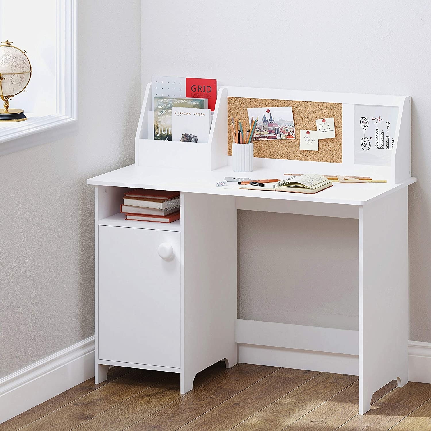 UTEX Kids Study Desk with Storage, Wooden Children School Study Table, Student's Study Computer Workstation Writing Table, White