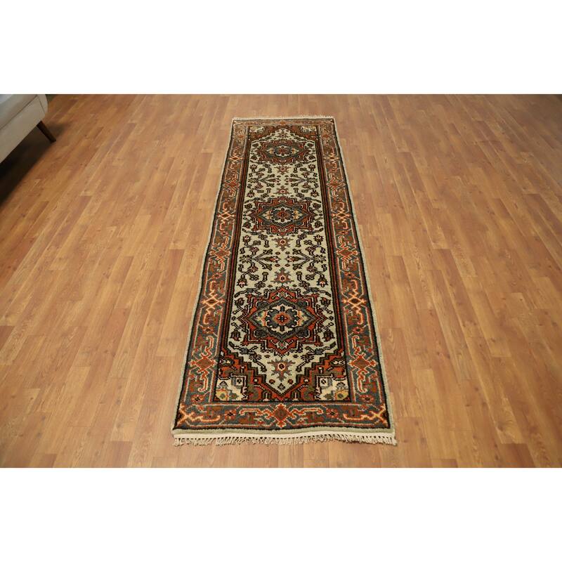 Hand Knotted Oriental 100% Wool Carpet Traditional Geometric Beige & Ivories Heriz (serapi) Runner Rug - 8' 1'' X 2' 7''