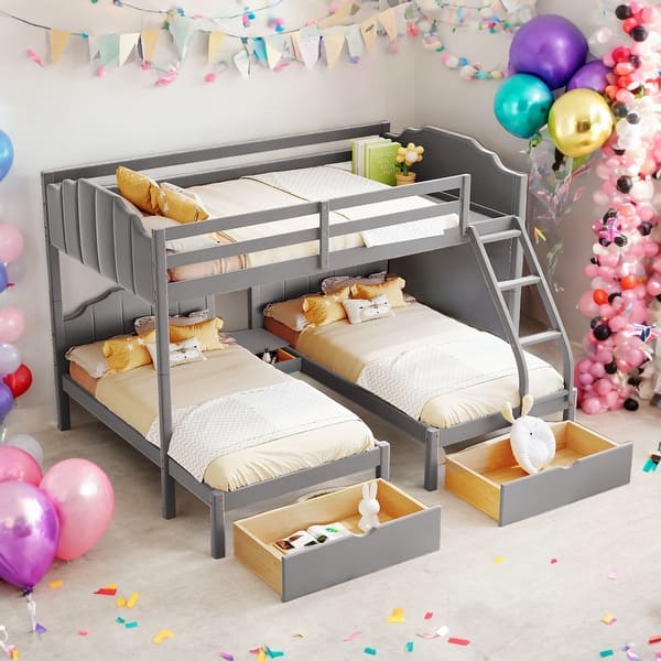 slide 2 of 20, Modern Full Over Twin & Twin Bunk Bed,Velvet Triple Bunk Bed With Drawers and Guardrails,Sturdy Construction