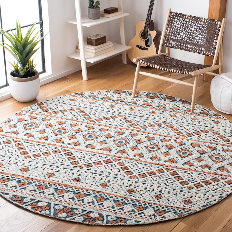 SAFAVIEH Handmade Aspen Crona Moroccan Boho Wool Rug - 7' Round - Blue/Orange