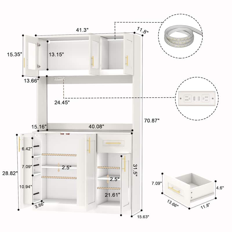 71'' Kitchen Pantry Cabinet with Hutch, Drawer & LED Light, Microwave Stand with Power Outlet for Dining Room or Kitchen
