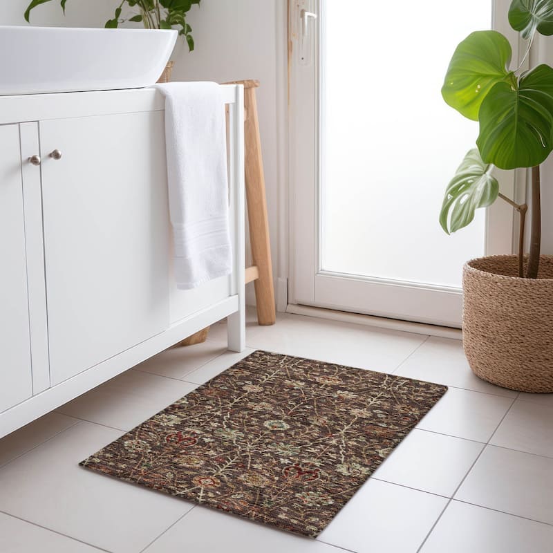 Machine Washable Indoor/ Outdoor Traditional Kashan Chantille Rug - Chocolate - 1'8" x 2'6"