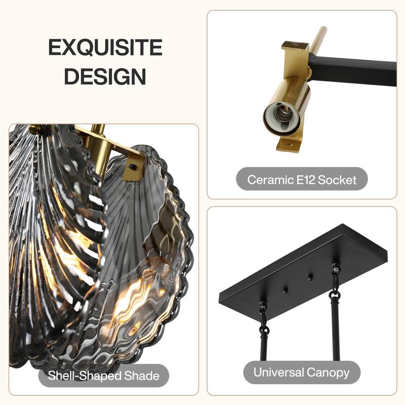 Modern 5-Light Linear Chandelier with Smoky Gray Glass Shades for Dining Room or Kitchen Island