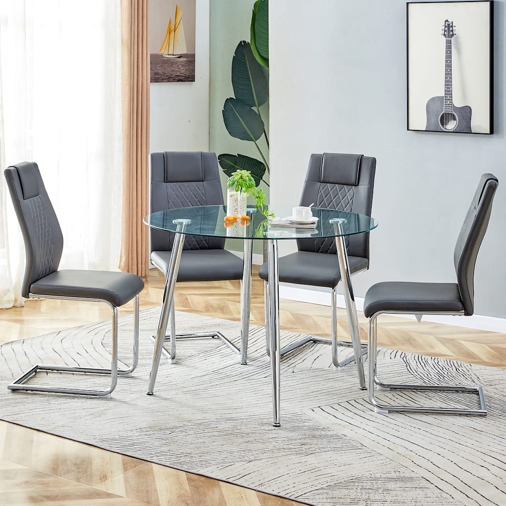 5-Piece Modern Glass Dining Table Set, 38" Round Table with Metal Legs & 4 High-Back PU Leather Chairs for Kitchen, Office