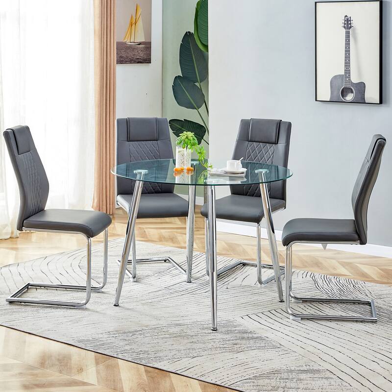 Modern 5-Piece Dining Set with Round Glass Top & 4 PU Upholstered Chairs