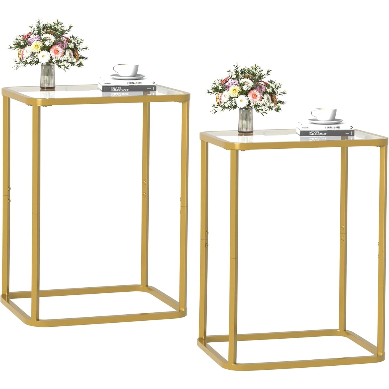Modern 2-Piece Gold Metal Frame Glass End Table Set for Living Room, Bedroom & Office - Easy Assembly & Space-Saving Design