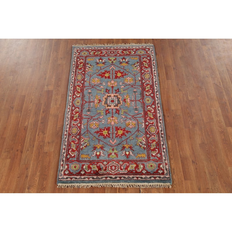 Blue Floral Oushak Indian Accent Rug Handmade Wool Carpet - 2'10"x 4'11"