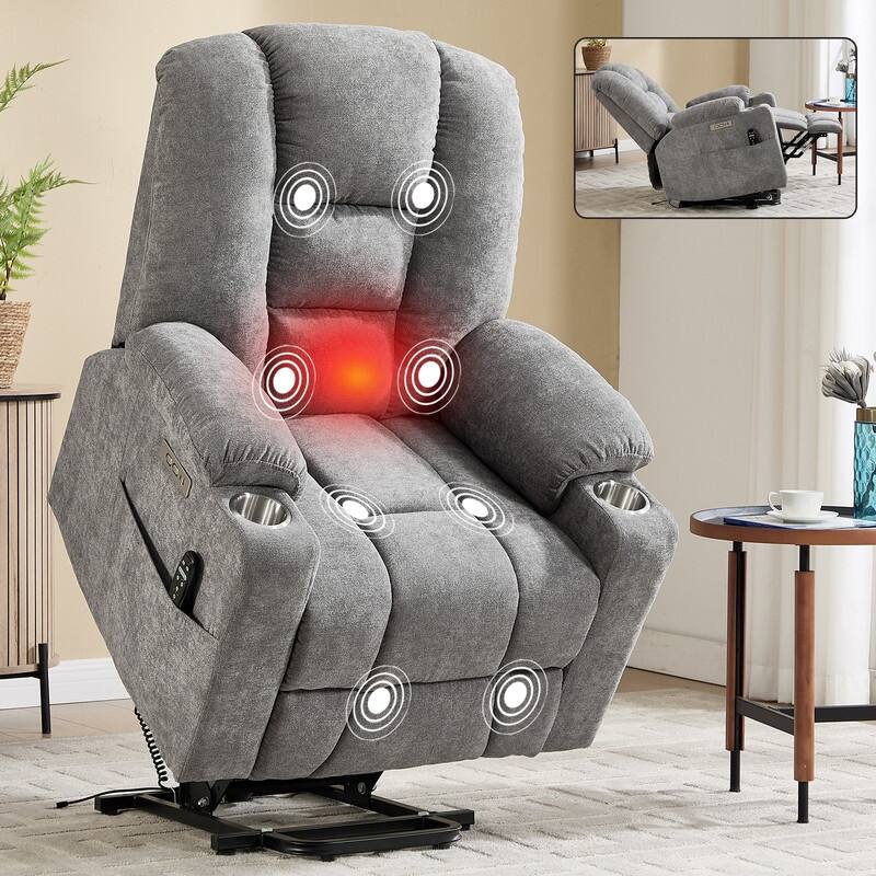 Large Power Lift Recliner with Massage & Heat - Heavy Duty Wide Recliner Chair for Elderly, USB/Type-C Charging, Cup Holders