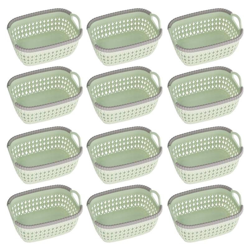 Rattan Plastic Weave Basket, Storage Bins Organizer for Closet, Shelf, Kitchen, Pantry and Bathroom - Ideal for Makeup,Cosmetics - Green - Set of 12