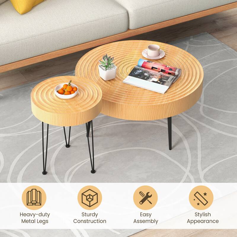 Costway Round Coffee Table Set of 2 End Table Natural Finish for - See Details