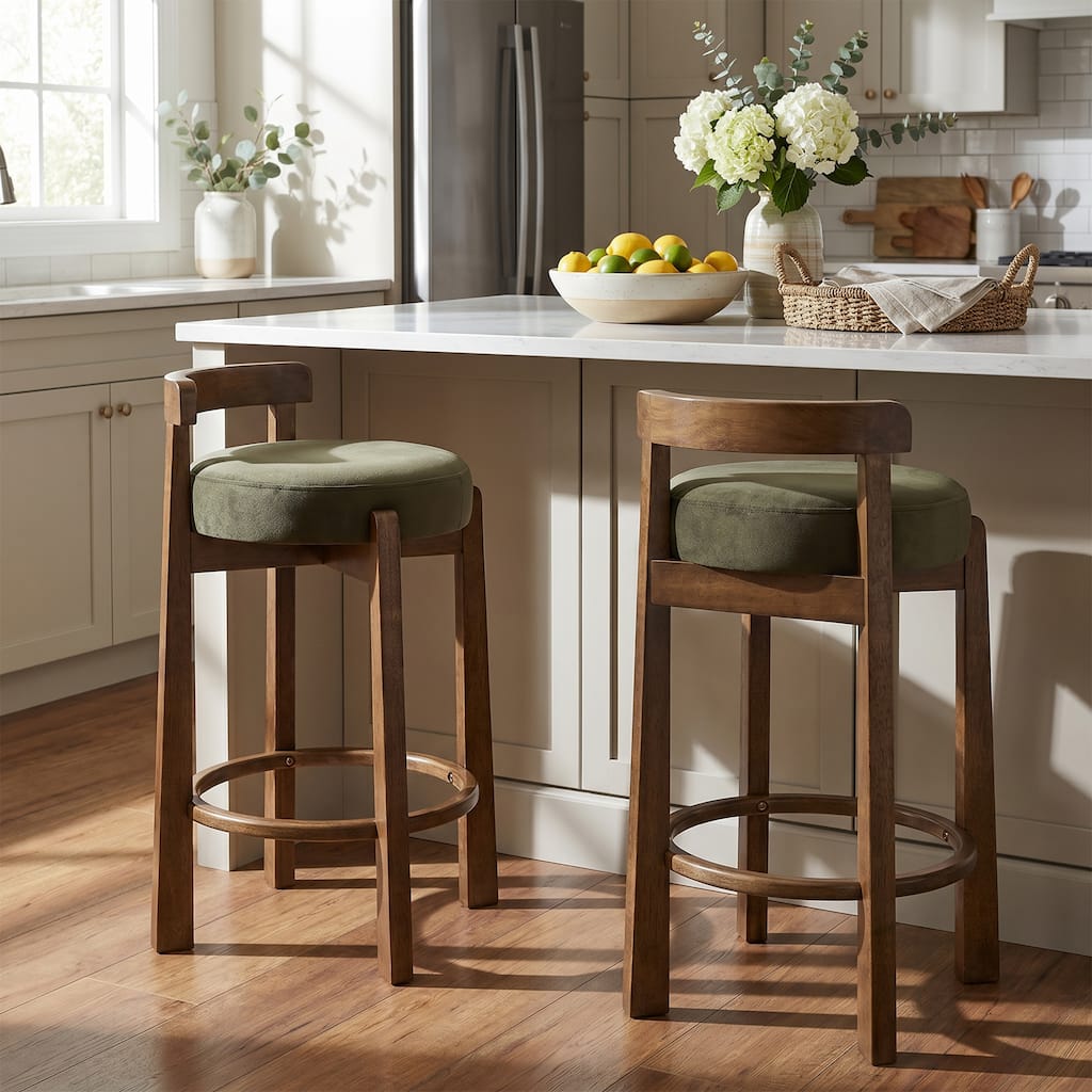 Christopher Knight Home - Elise Set of 2 Bar Stool with Solid Wood Frame, Ring Footrest and Upholstered Padded Round Seat