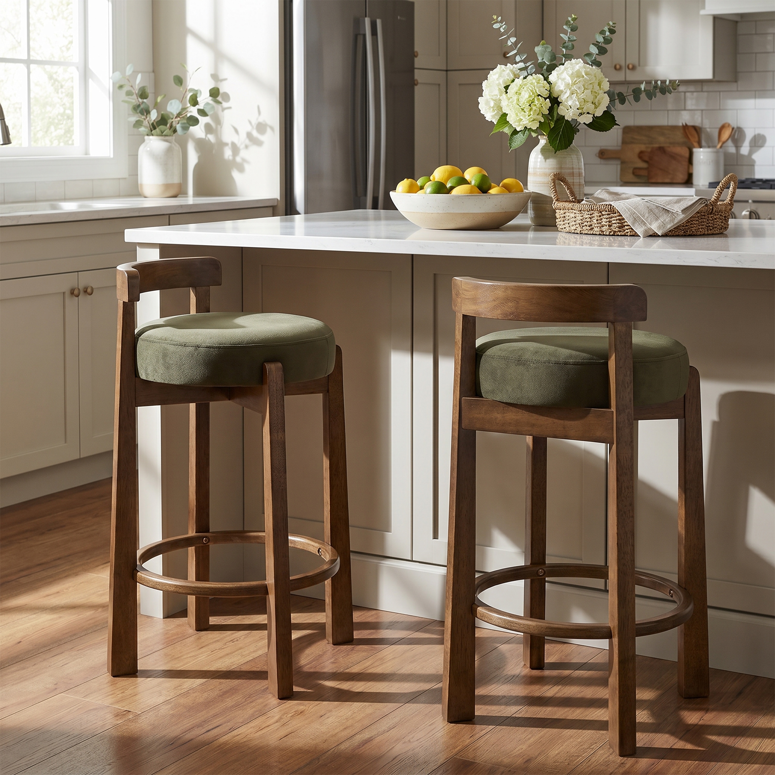 Christopher Knight Home - Elise Set of 2 Bar Stools with Solid Wood Frame, Ring Footrest and Upholstered Padded Round Seat